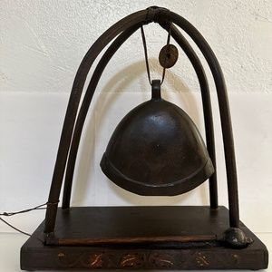 Vintage Burmese/Thai Bronze Bell in Carved Wood Cradle with Striker